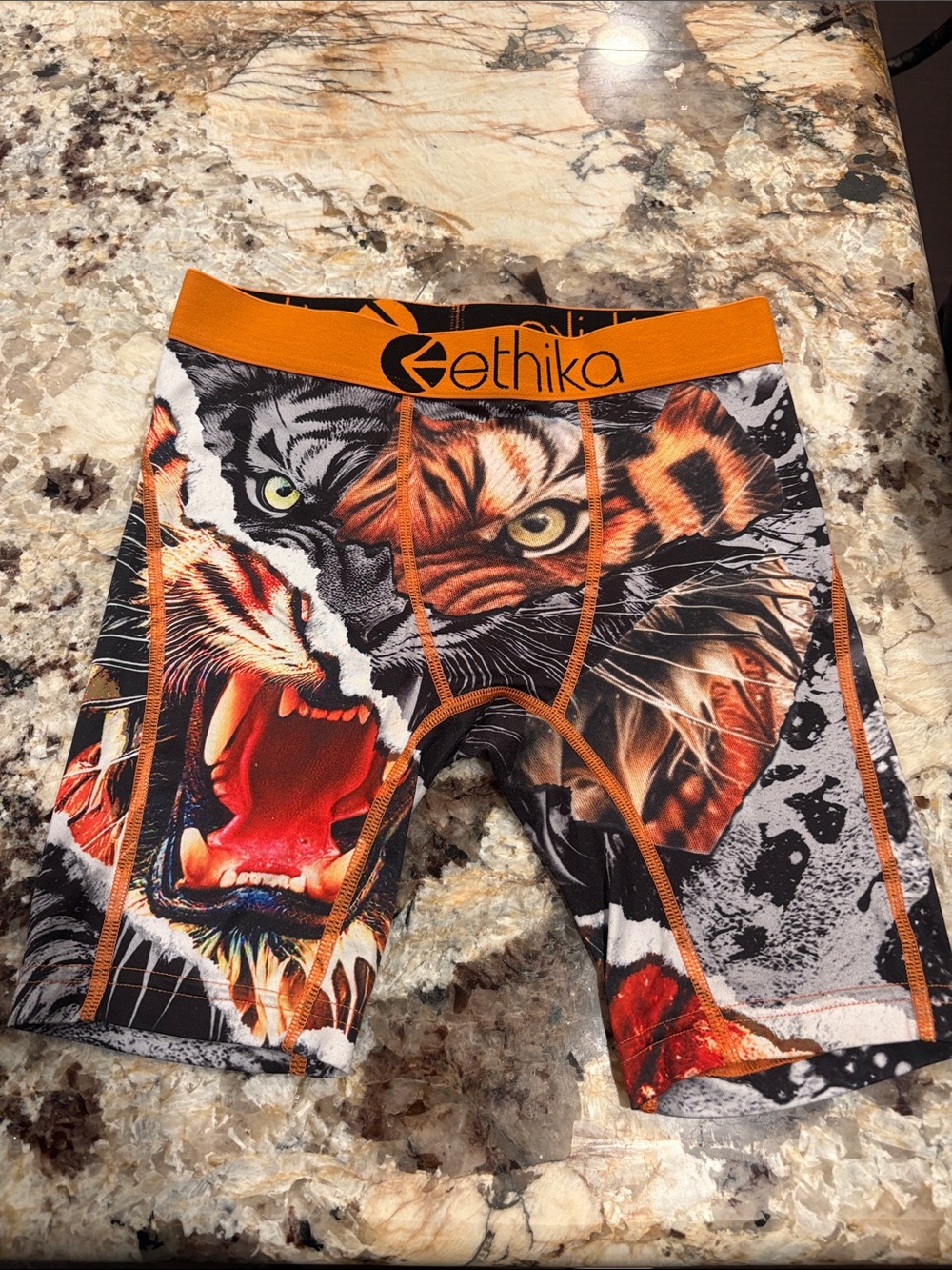 Ethika Boys L Orange and Black Tiger Graphic Athletic Boxers Shorts